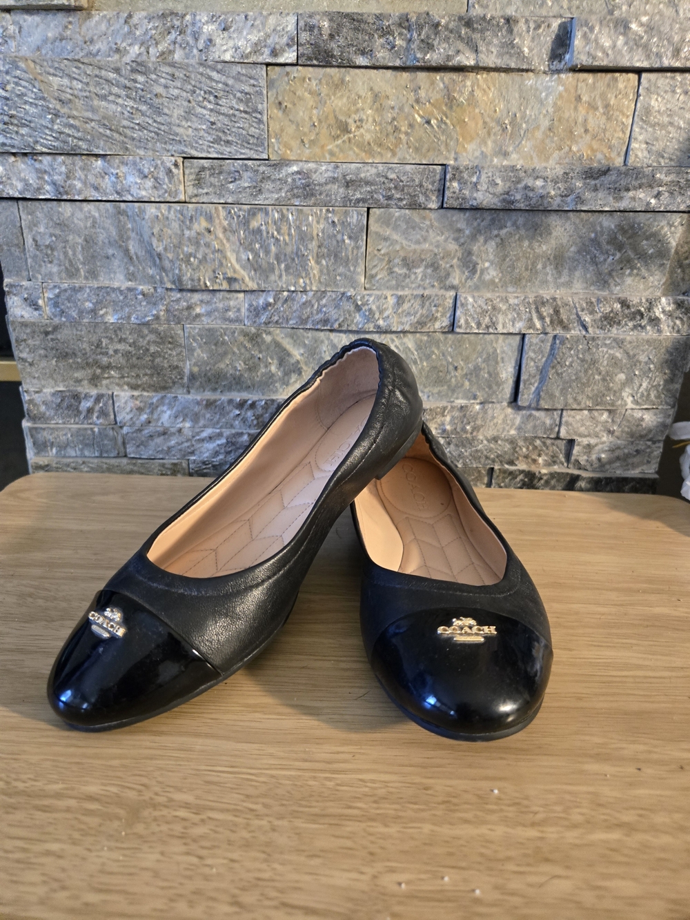 Coach Women's Black Leather Ballet Flats with Patent Toe